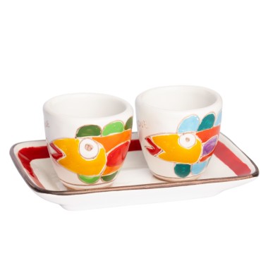 Handmade Sicilian Ceramic Coffee Cups with Tray Set Fish Folk De Simone Pottery Handmade Sicilian Ceramic Coffee Cups with Tray Set Fish Folk De Simone Pottery